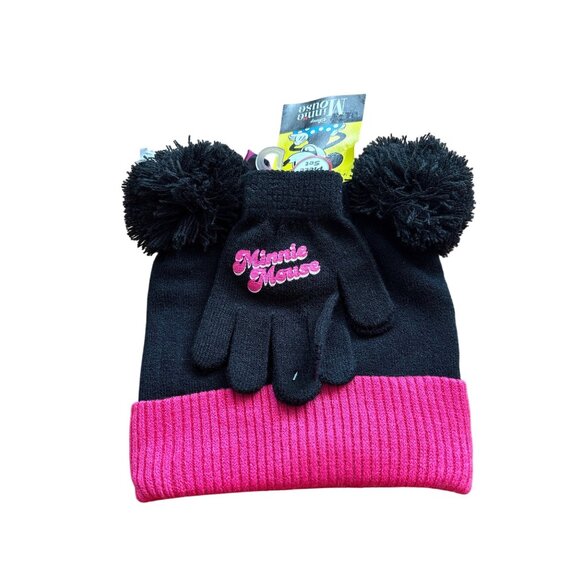 Disney Minnie Mouse 2-Piece Set With Black & Pink Beanie Hat & Gloves For Girls - Picture 2 of 5